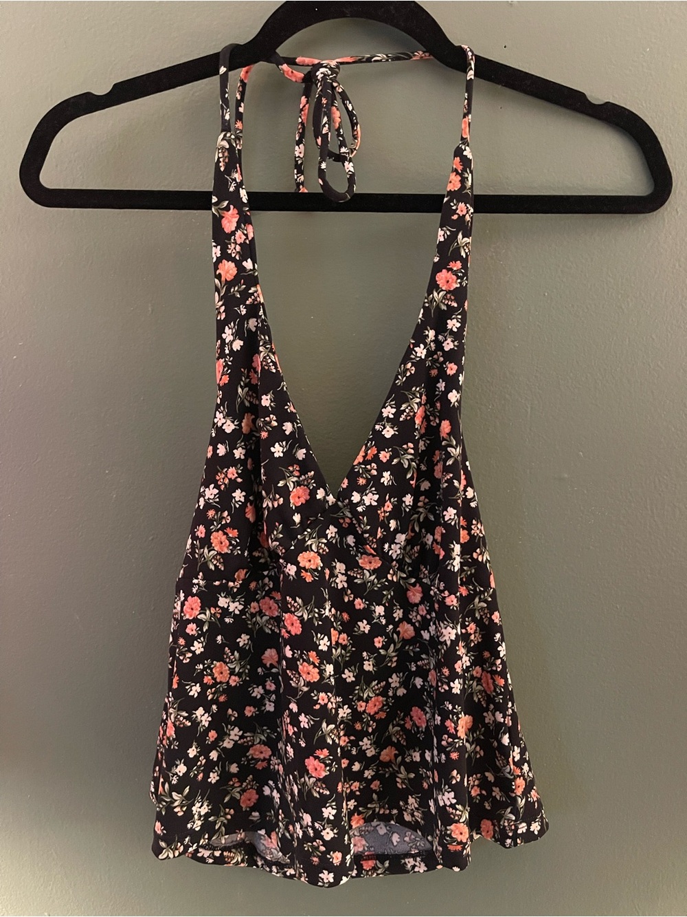 Ambiance Black Halter Floral V-Neck Cami with Pink and Cream Blossoms
